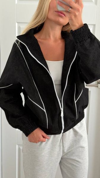 Стильный женский джинсовый бомбер с лампасами, oversized (арт. 1522-256) 1522-256 фото
