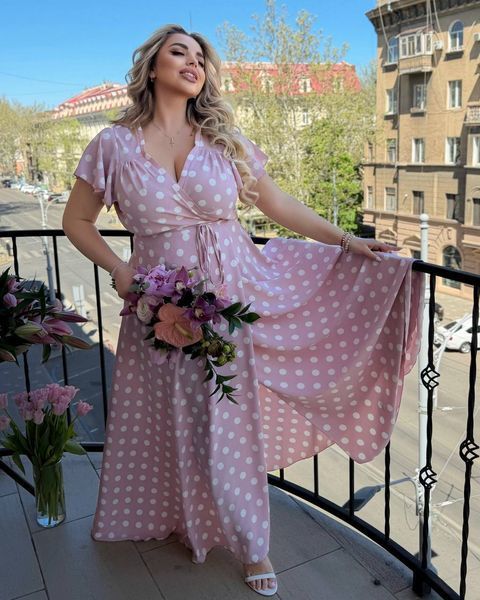 Женское нарядное платье макси на запах в горошек, большие размеры (арт. 7183) 7183-2 фото